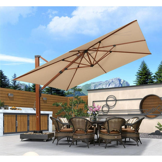 Sunbrella 布 仿木紋傘杆 太陽傘 鵝卵石底座-卡其色