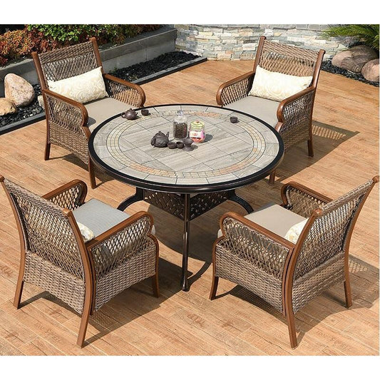 LO0004 Outdoor rattan four-person round dining table and chair set | Rattan | Dining table | Rattan chairs |