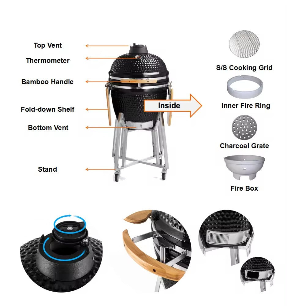 Kamado 26吋陶瓷燒烤爐 不銹鋼架 CH-KP26｜1000度耐火莫來石 美式煙燻BBQ