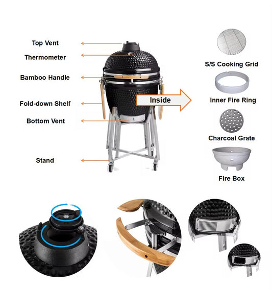 Kamado 26-Inch Ceramic Charcoal Grill, Stainless Steel Cart CH-KP26 | 1000°C Mullite | American-Style BBQ Smoker