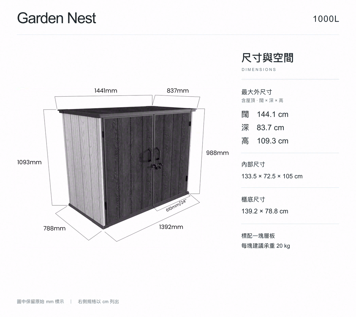 Garden Nest 1000L 儲物櫃尺寸圖，保留原圖完整尺寸標線及毫米數值；外尺寸、內部尺寸和櫃底尺寸另以厘米列出