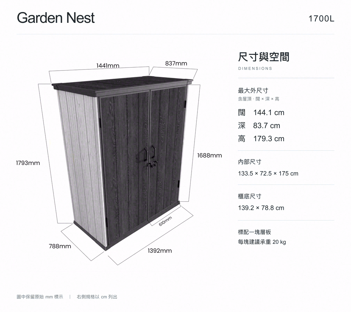 Garden Nest 1700L 儲物櫃尺寸圖，保留原圖完整尺寸標線及毫米數值；外尺寸、內部尺寸和櫃底尺寸另以厘米列出