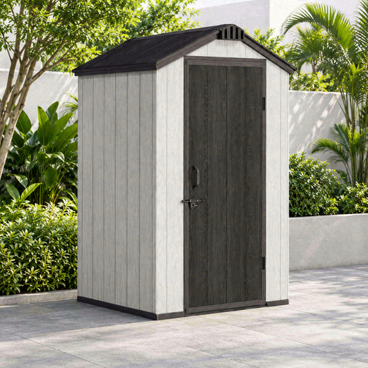 Garden Nest PP 金屬骨架儲物屋 4×4呎 尖頂單門｜KD-G44A；AI場景示意，場景用品不包含