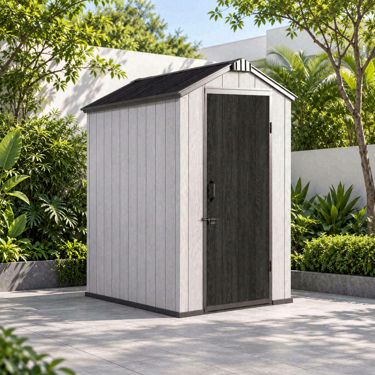 Garden Nest PP 金屬骨架儲物屋 4×6呎 尖頂單門｜KD-G46A；AI場景示意，場景用品不包含