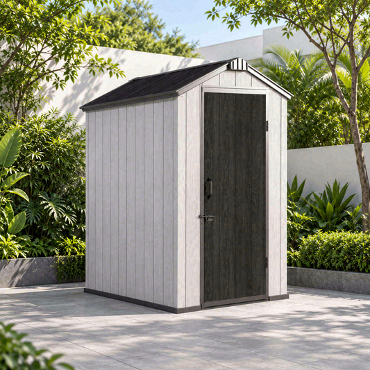 Garden Nest PP 金屬骨架儲物屋 4×6呎 尖頂單門｜KD-G46A；AI場景示意，場景用品不包含