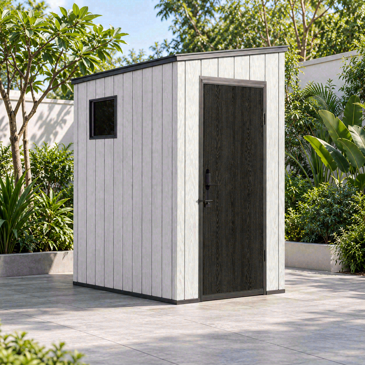 Garden Nest PP 金屬骨架儲物屋 4×6呎 斜頂單門｜KD-G46P；AI場景示意，場景用品不包含