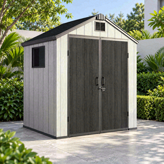 Garden Nest PP 金屬骨架儲物屋 6×4呎 尖頂雙門｜KD-G64A；AI場景示意，場景用品不包含
