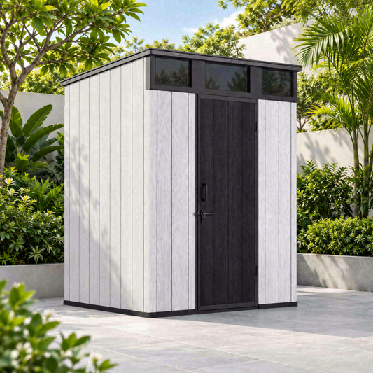 Garden Nest PP 金屬骨架儲物屋 6×4呎 斜頂單門｜KD-G64P；AI場景示意，場景用品不包含