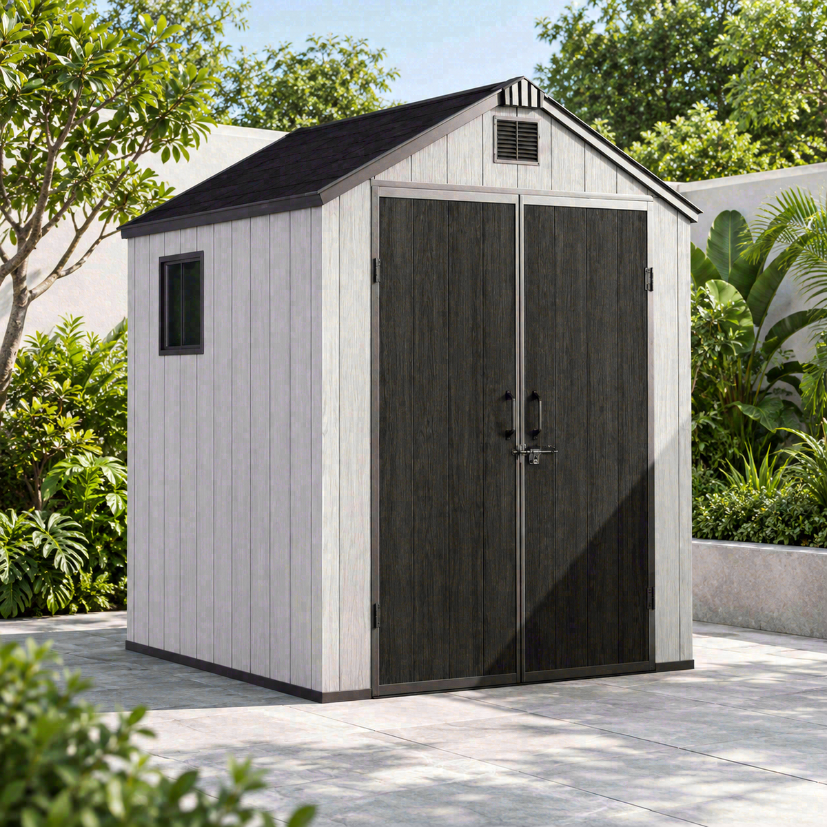 Garden Nest PP 金屬骨架儲物屋 6×6呎 尖頂雙門｜KD-G66A；AI場景示意，場景用品不包含