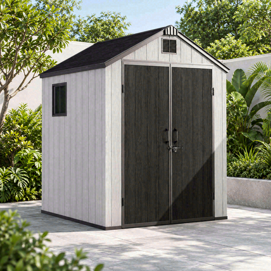 Garden Nest PP 金屬骨架儲物屋 6×6呎 尖頂雙門｜KD-G66A；AI場景示意，場景用品不包含