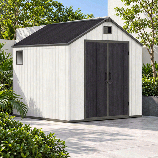 Garden Nest PP 金屬骨架儲物屋 8×10呎 尖頂雙門｜KD-G810A；AI場景示意，場景用品不包含