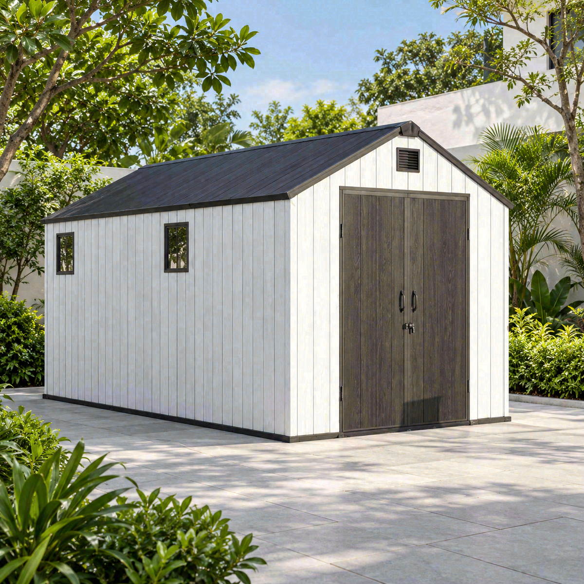 Garden Nest PP 金屬骨架儲物屋 8×16呎 尖頂雙門｜KD-G816A；AI場景示意，場景用品不包含