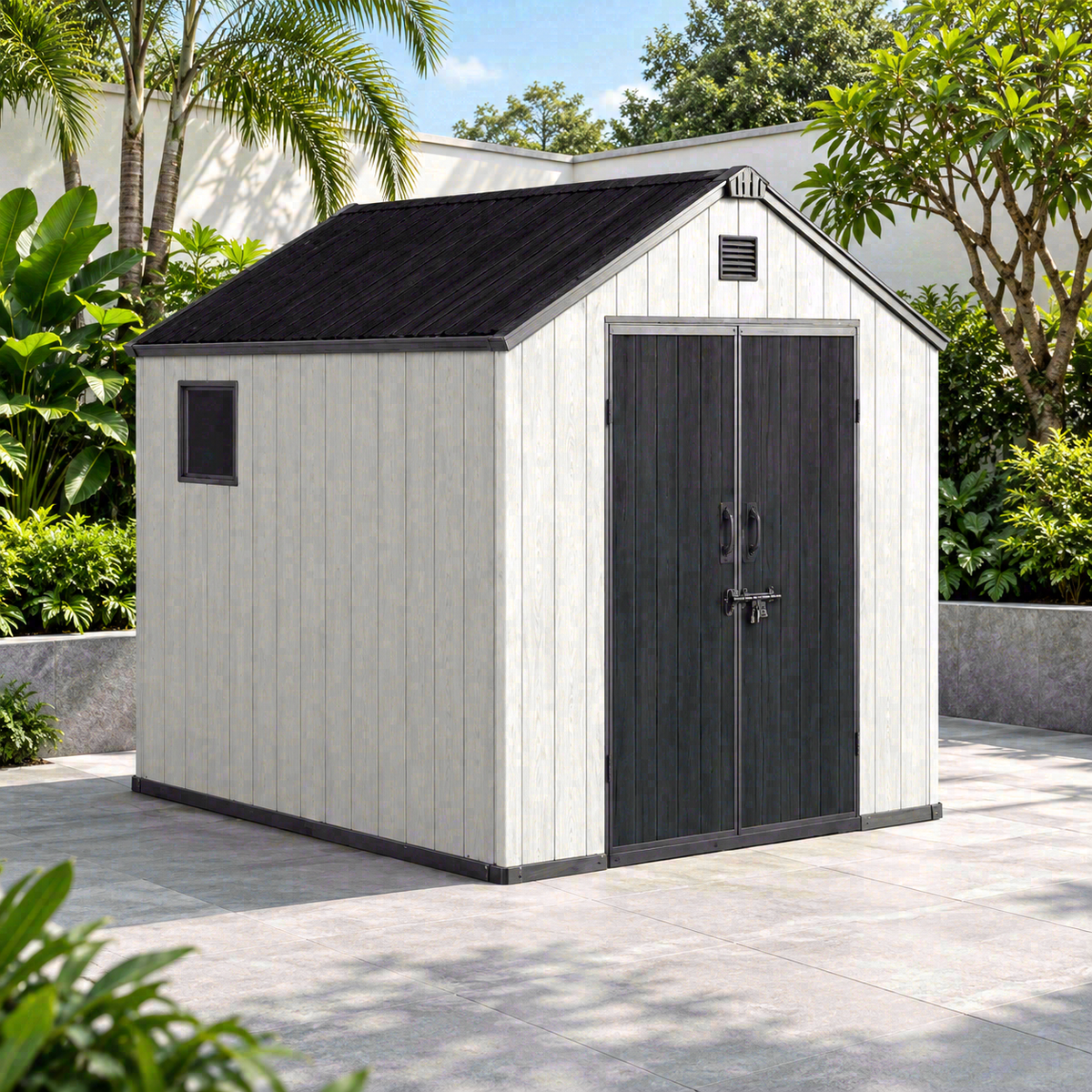 Garden Nest PP 金屬骨架儲物屋 8×6呎 尖頂雙門｜KD-G86A；AI場景示意，場景用品不包含