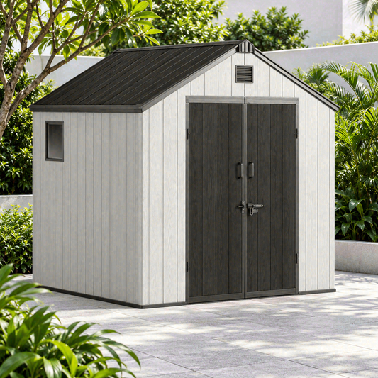 Garden Nest PP 金屬骨架儲物屋 8×8呎 尖頂雙門｜KD-G88A；AI場景示意，場景用品不包含