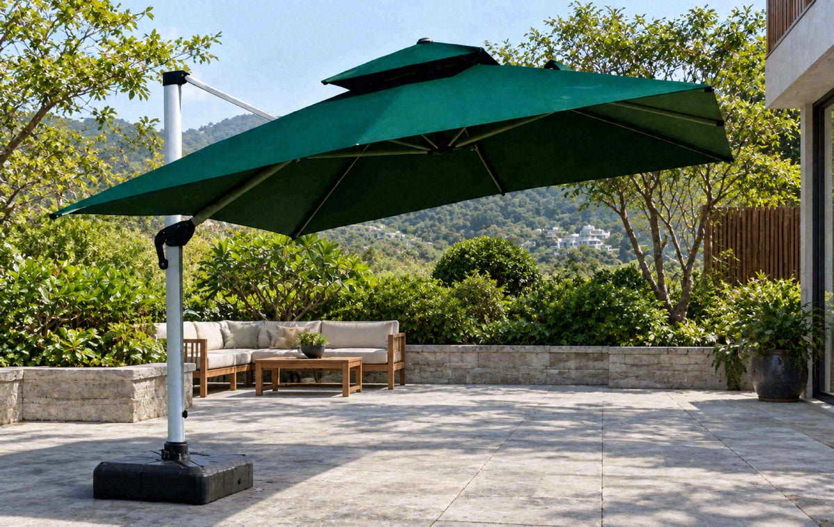 悠庭 3.5米方形太陽傘 SUN106 墨綠色 白杆配注水底座 庭園露台場景